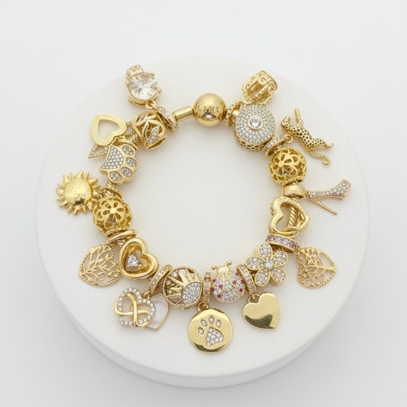 Linx Gold Snake Chain Bracelet with Gold and Zircon Mom Themed Charms - Picture 1 of 9